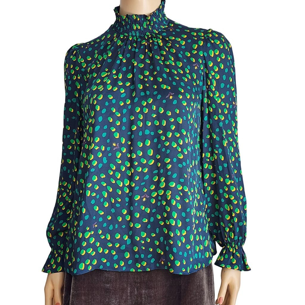 TUCKER NYC High Neck Silk Blouse in Jungle Dot Print W/Fireflies Print
